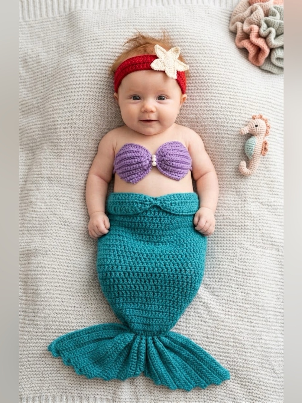 Ariel inspired Handmade Teal Mermaid Tail crochet Set 0-6 months